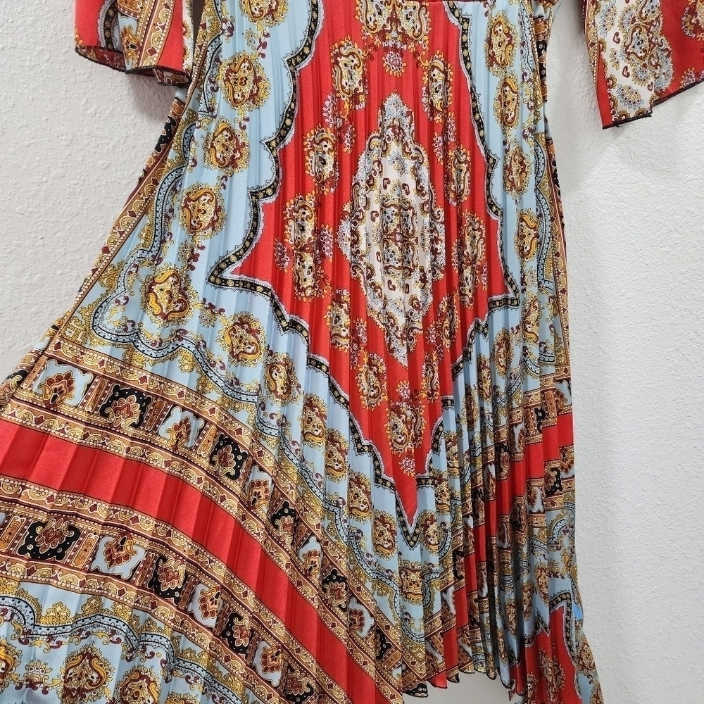 ZARA Boho Patchwork Wrap Midi Dress Red Blue Print Belted Pleated V-Neck - Picture 10 of 15
